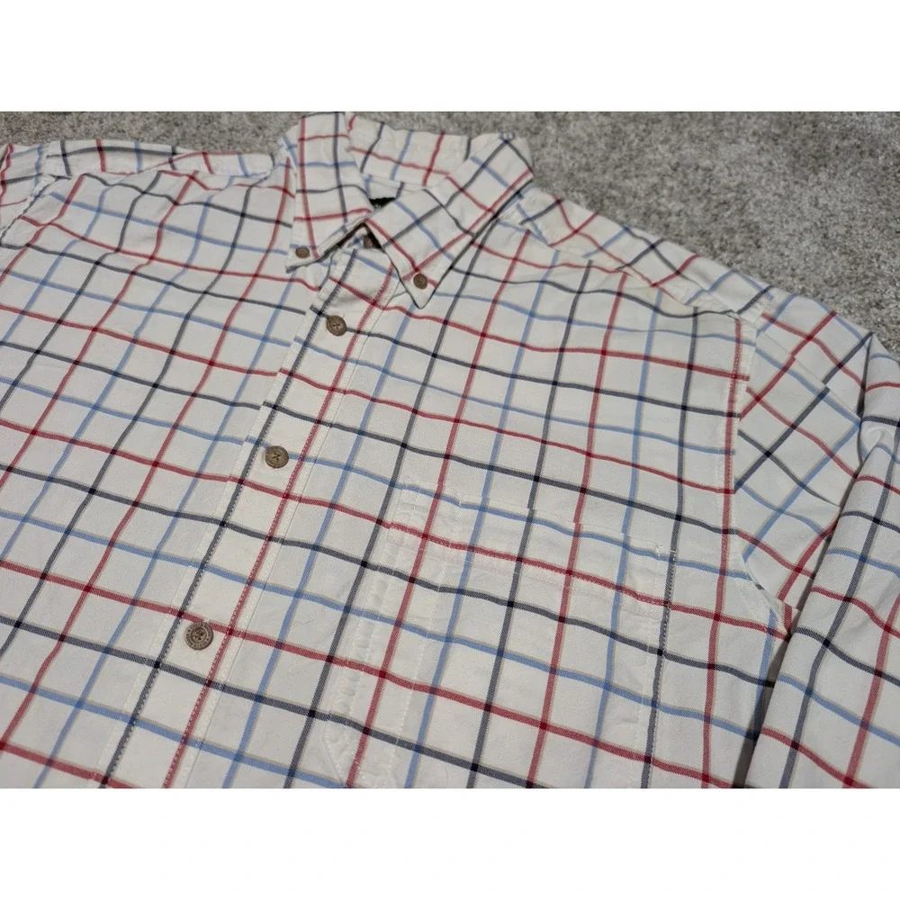Eddie‎ Bauer Button Down Mens L White Red Blue Tattersall Plaid Cotton Shirt Top